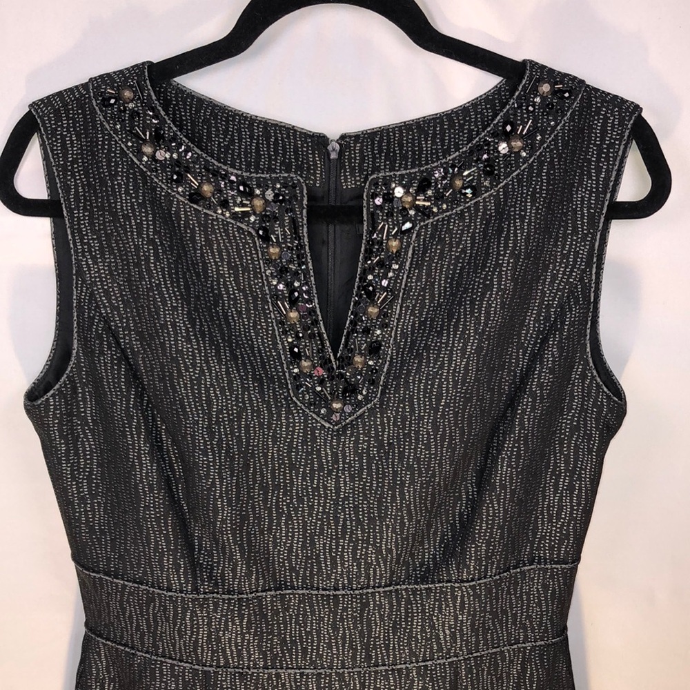 NWOT Tahari Beaded & Sequin Stunning Dress Black/Grey Pattern Midi 6